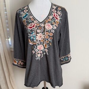 Johnny Was XXL Cotton Charcoal Embroidered Floral V-Neck Tunic